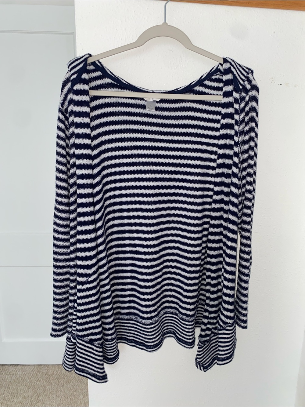 Christopher & Banks Navy and White Striped Open-Front Cardigan with Draped Hem